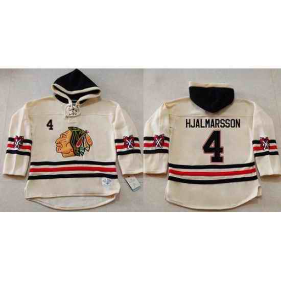 Men Chicago Blackhawks 4 Niklas Hjalmarsson Cream Heavyweight Pullover Hoodie Stitched NHL Jersey